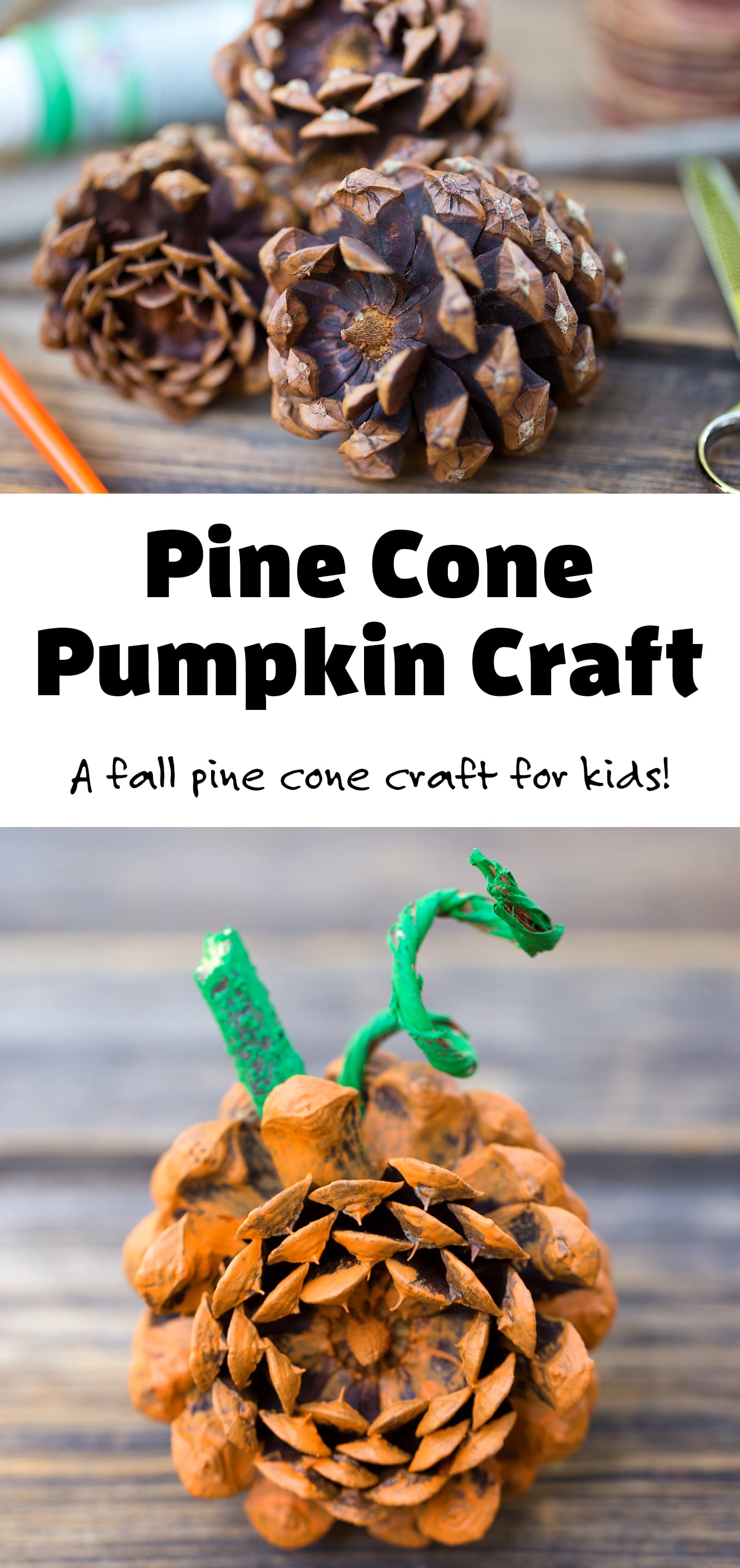 I love making DIY fall nature crafts with pine cones and so do my kids. This easy pumpkin craft is made with pine cones. It's a fun fall decoration or centerpiece! #pinecone #pumpkin #naturecrafts via @firefliesandmudpies